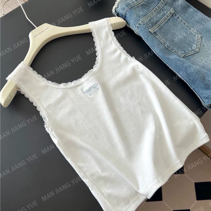 nguyên chất cotton trắng phối ren không tay ôm vừa vặn bên ngoài nơ áo ren treo ngắn