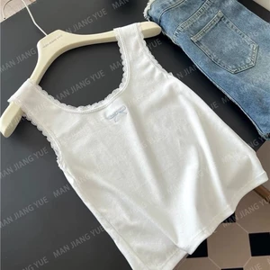 nguyên chất cotton trắng phối ren không tay ôm vừa vặn bên ngoài nơ áo ren treo ngắn