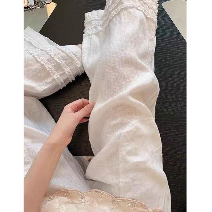 Quần dài vải lanh mùa hè ren nấm hải quân dành cho nữ, quần ống rộng chín điểm thẳng mỏng