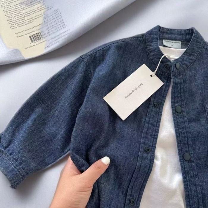 Trẻ Em Áo Sơ Mi Denim Thu Đông Bé Trai Thương Hiệu Nhật Bản Cổ Đứng Áo Sơ Mi Bé Trẻ Em Đơn Giản