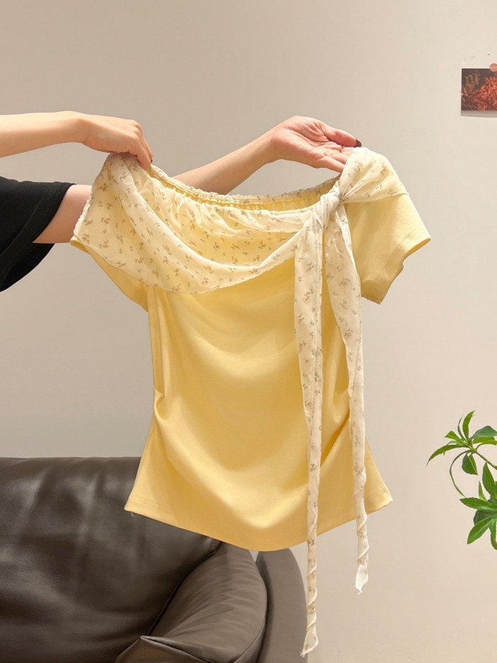 Áo thun ngắn tay trễ vai phối ren hoa cho nữ giảm béo xuân hè