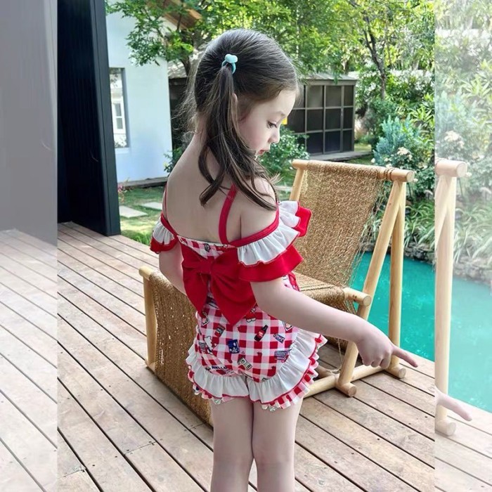 Quần áo trẻ em Đồ bơi một vai xếp nếp cho bé gái Đồ bơi nơ chống lộ cho bé gái