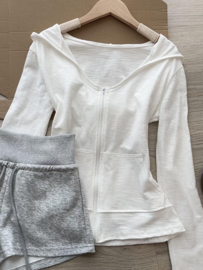 Thiết Kế Cổ Chữ V Ôm Vừa Vặn Nguyên Chất Cotton Dài Tay Cardigan Nữ Đầu Thu Thời Trang Mới Ôm