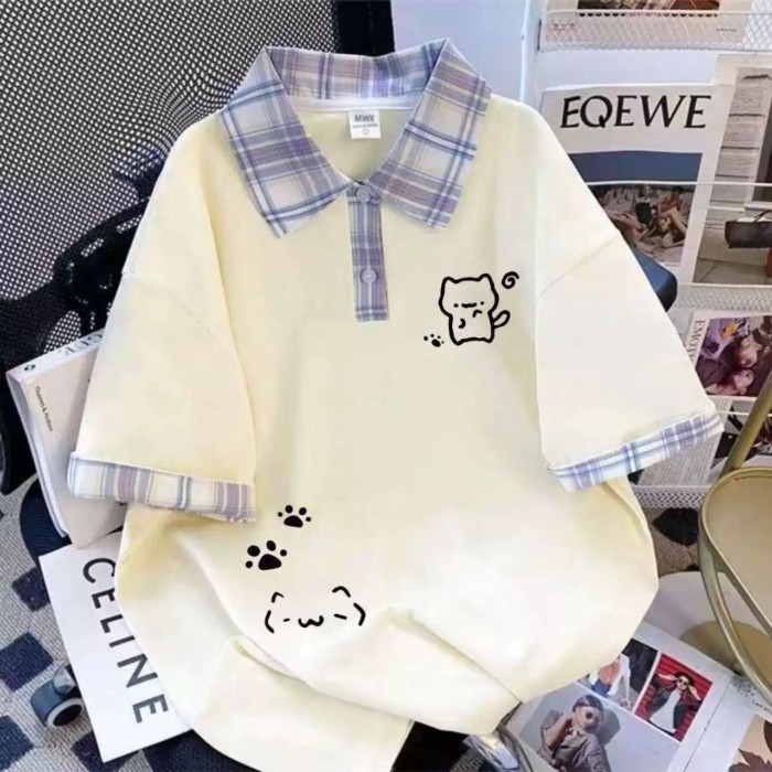 Áo sơ mi Polo ngắn tay dành cho trẻ em tuổi trung niên trở lên mùa hè mới Áo thun in hình mèo ho