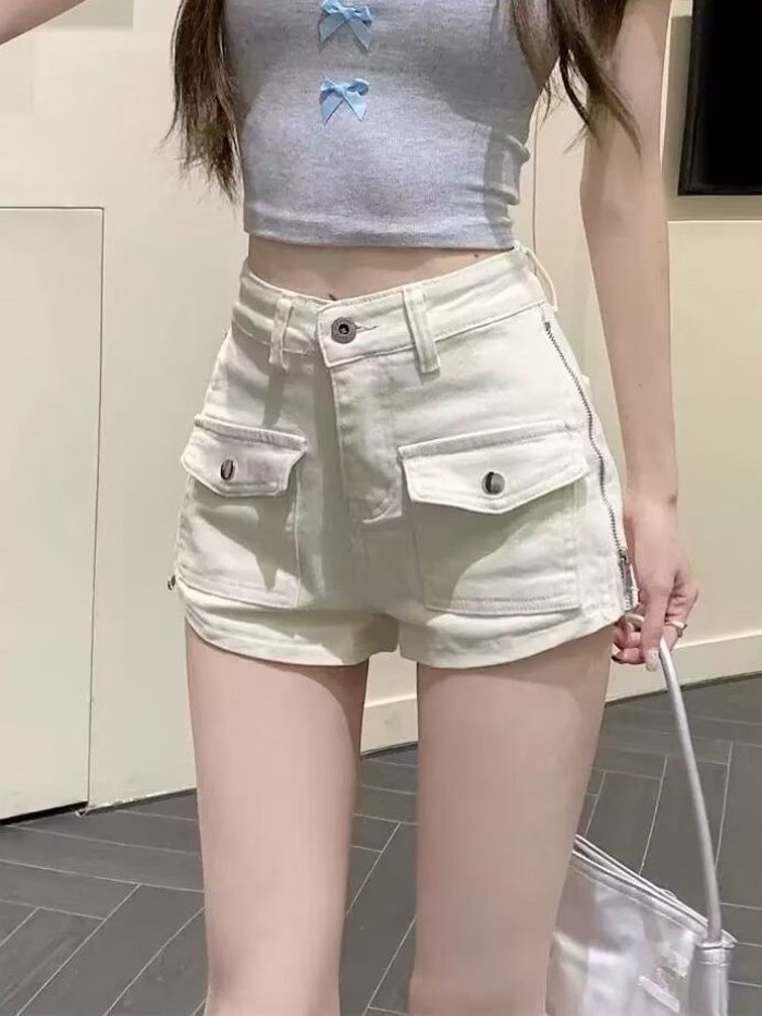 Quần short denim Mỹ dành cho nữ giảm béo và kéo dài chân quần thẳng lưng cao nóng bỏng