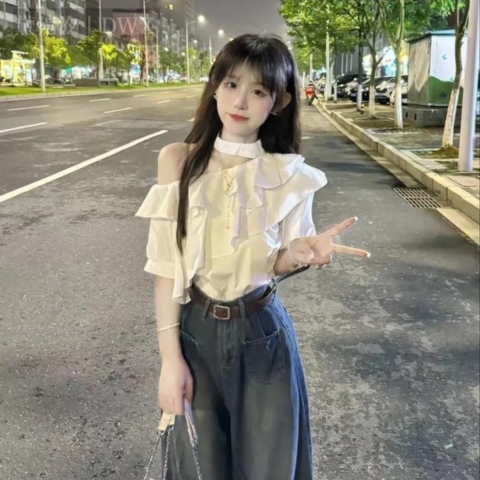 Áo sơ mi trễ vai trễ vai cao cấp dành cho nữ với áo dáng rộng phong cách Pháp