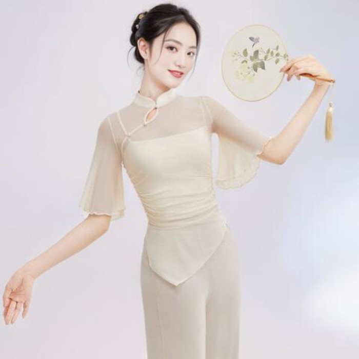 kiểu áo múa cổ điển mới, trang phục luyện tập bằng vải gạc thanh lịch và vần điệu, múa dân tộc,