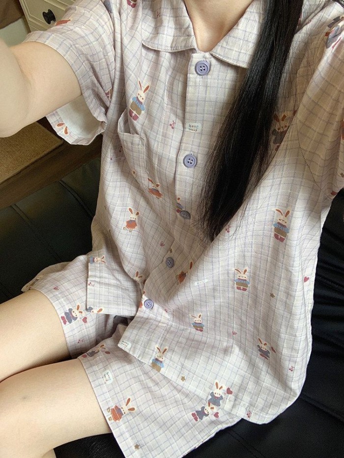 Korean Version Purple Bunny Pajamas Summer New Cloud Cotton Short-sleeved Shorts Home Clothes