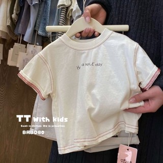 Trẻ em mùa hè phong cách phương Tây in chữ nguyên chất cotton ngắn tay rộng và đẹp trai áo thun nửa