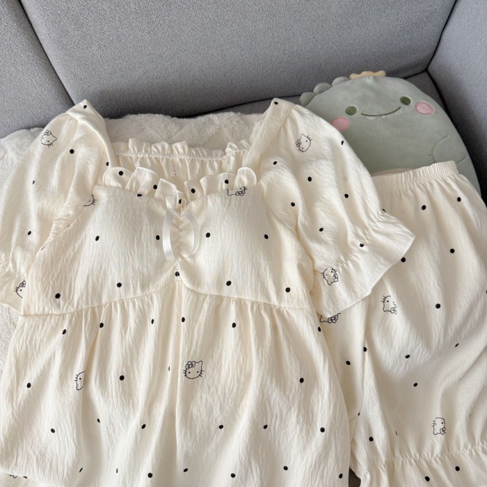 Bộ đồ ngủ mèo KT cotton mềm mại mùa hè chấm bi dành cho nữ có miếng đệm ngực, tay ngắn, phần mỏng,