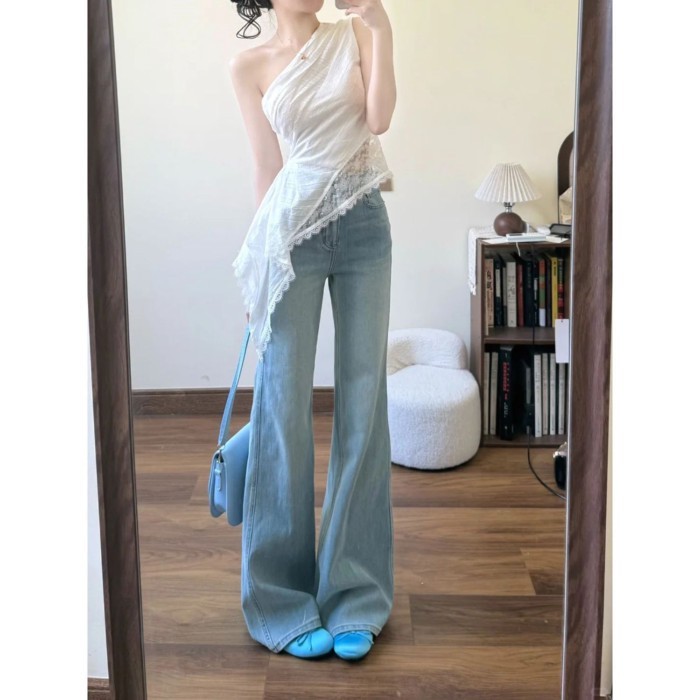 Quần jeans ống loe siêu nhỏ màu xanh nhạt cạp vừa của Mỹ dành cho nữ, quần đi làm mùa hè