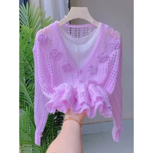 Áo cardigan dệt kim chống nắng dài tay bằng sáp mềm cổ tích hoa ba chiều rỗng cho nữ