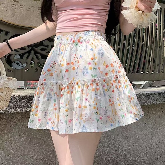 Váy hoa ngọt ngào kiểu Pháp eo cao váy bánh giảm béo phong cách Hàn Quốc