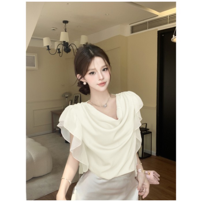 Áo sơ mi cổ xòe xòe ruy băng phong cách mùa hè Áo tay bay kiểu Pháp dành cho nữ