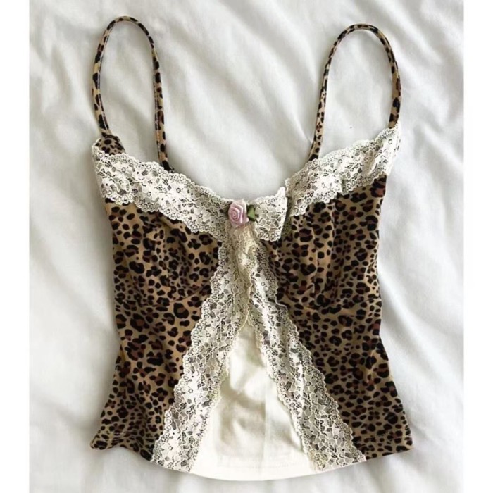 Large Size American Retro Sexy Sweet Hottie Lace Stitching Leopard Print Camisole With Bottom