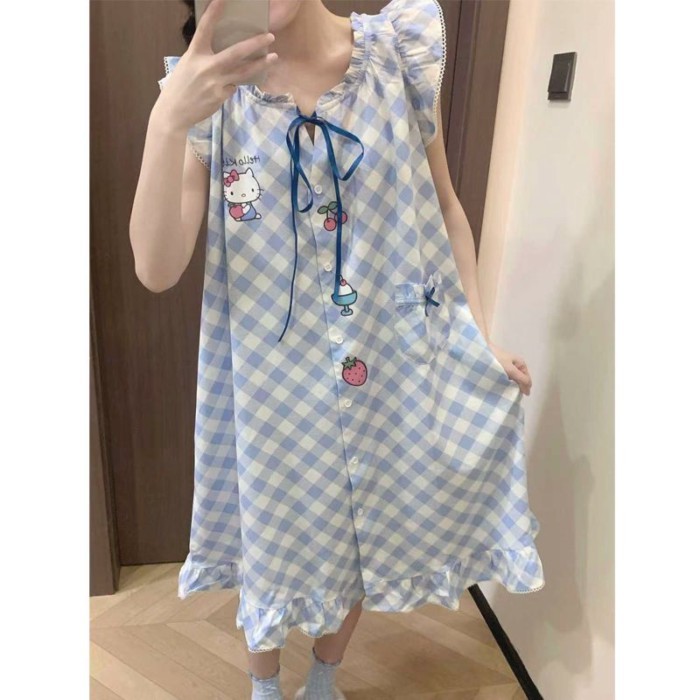 in họa tiết váy ngủ kẻ sọc đám mây cotton ngọt ngào bong bóng Pháp cotton HelloKitty nữ mùa h