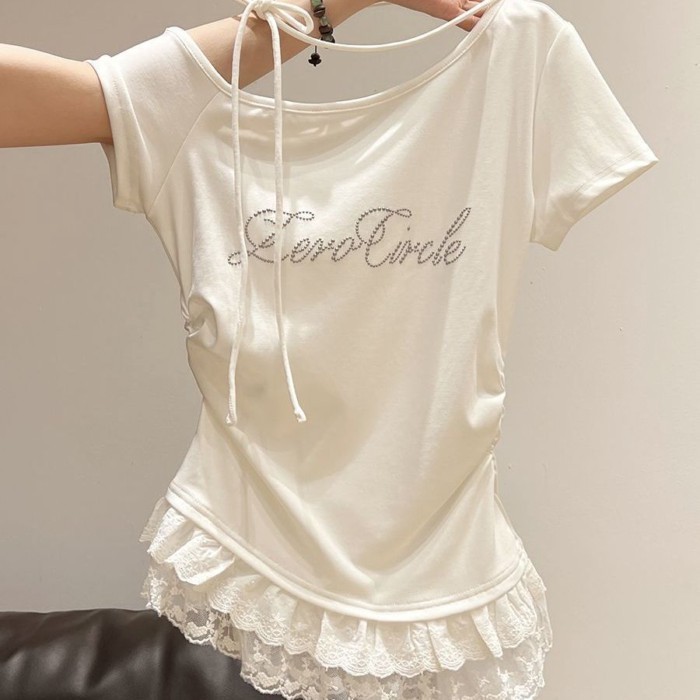 chiếc áo thun ren ngắn tay in chữ cỡ vừa và lớn cho trẻ em mùa hè giảm béo kiểu mới ruy băng kiể
