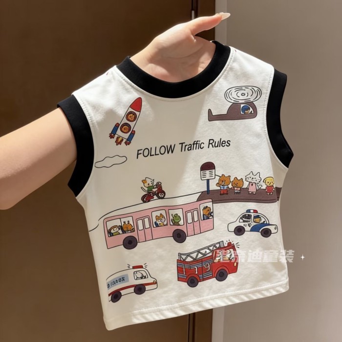 Áo vest bé trai mùa hè phong cách mới 22026 trẻ em dáng rộng vừa và nhỏ hoạt hình áo thun cot