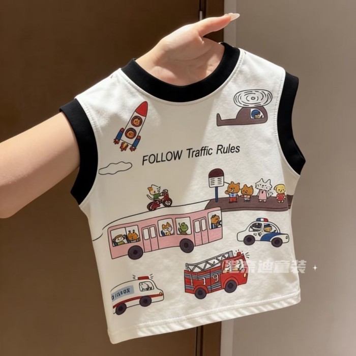 Áo vest bé trai mùa hè phong cách mới 22026 trẻ em dáng rộng vừa và nhỏ hoạt hình áo thun cot