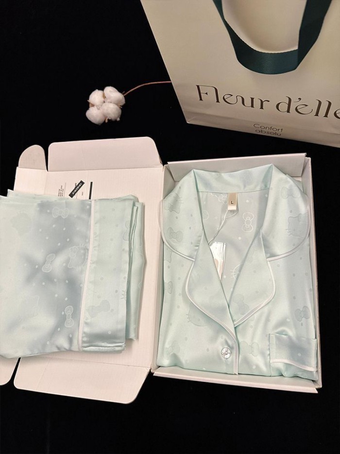 Ice Silk Bộ Đồ Ngủ Mát Mẻ của Phụ Nữ Mùa Hè Ngắn Tay Quần Short Mỏng Sweet Kitten Loose Home Quần Á
