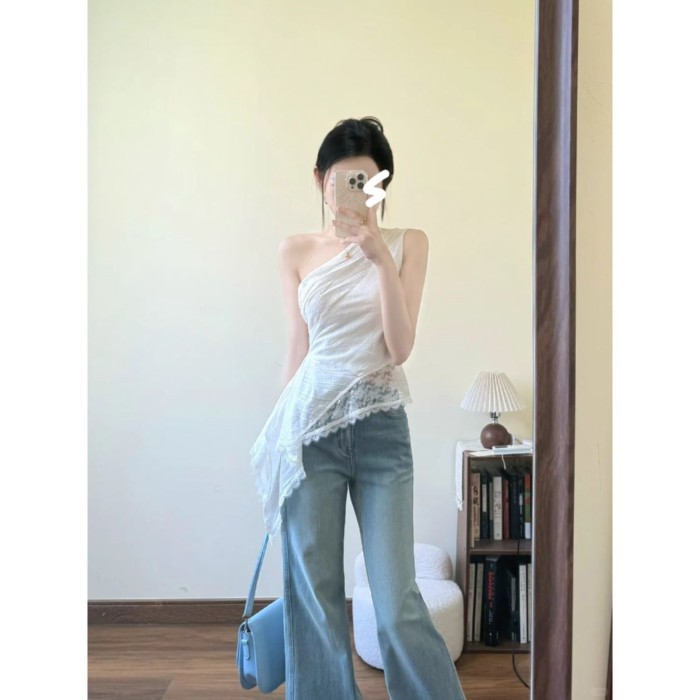 Quần jeans ống loe siêu nhỏ màu xanh nhạt cạp vừa của Mỹ dành cho nữ, quần đi làm mùa hè