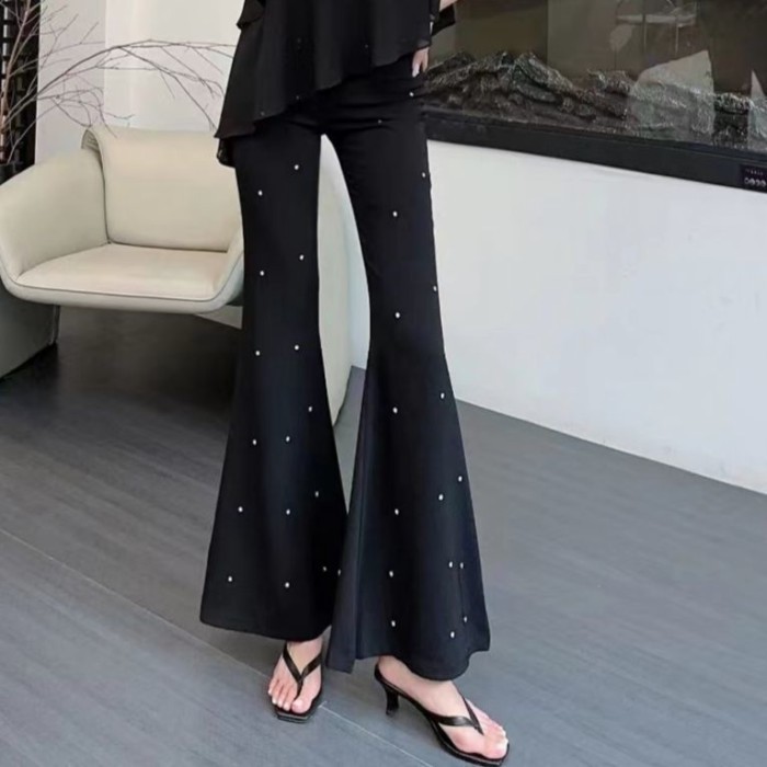 Quần tây bốt chấm bi in họa tiết cho nữ, quần cạp cao giảm béo, quần ống loe khoe chân cao