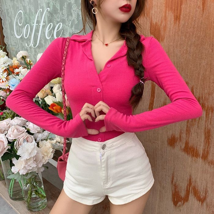 Áo thun dài tay cổ polo dành cho nữ mùa thu đông kiểu dáng mới, vừa vặn và đáy trong đa năng