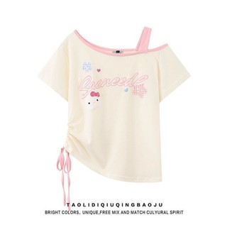 Áo trễ vai hình mèo Kitty phong cách ngọt ngào cho bé gái và trẻ lớn, áo thun ngắn tay, áo trễ vai