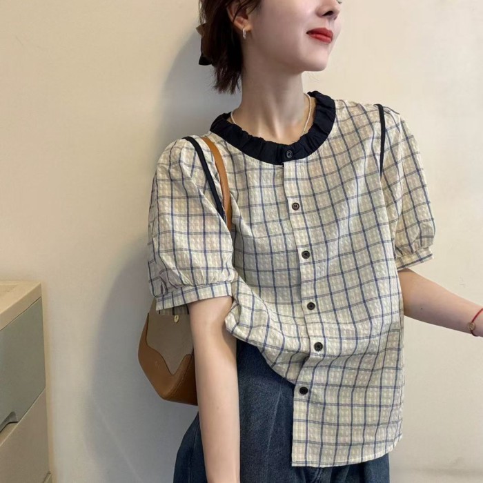 Áo sơ mi ngắn tay cổ phồng thời trang mùa hè mới dành cho nữ kiểu dáng tay phồng kẻ sọc tương ph