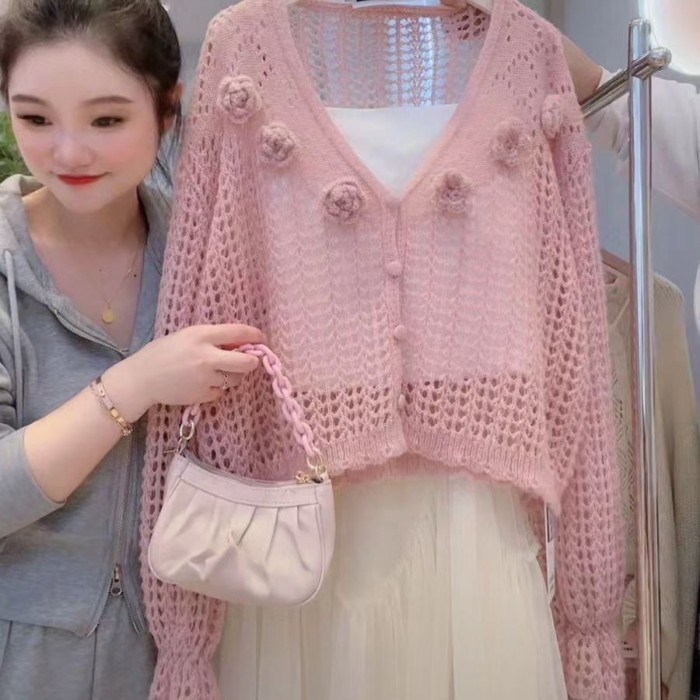 Áo cardigan dệt kim chống nắng dài tay bằng sáp mềm cổ tích hoa ba chiều rỗng cho nữ