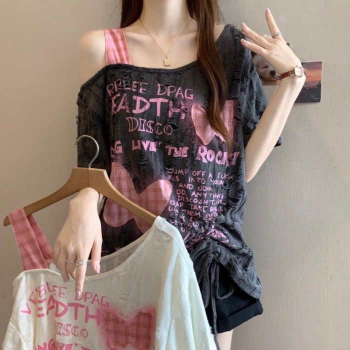 Kích thước lớn lỗ bướm vá áo thun ngắn tay dây rút dành cho nữ mới dáng rộng hàng đầu giảm bé