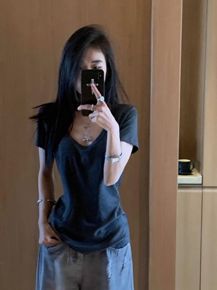 Áo thun ngắn tay vai phải co giãn cao, eo nữ tính, áo đáy mỏng đa năng