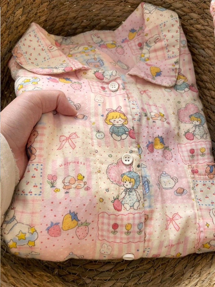 Cô Gái Dễ Thương Màu Hồng Ngọt Ngào In Hình Hoạt Hình Bộ Đồ Ngủ Cardigan Bé Gái Junior Girl P