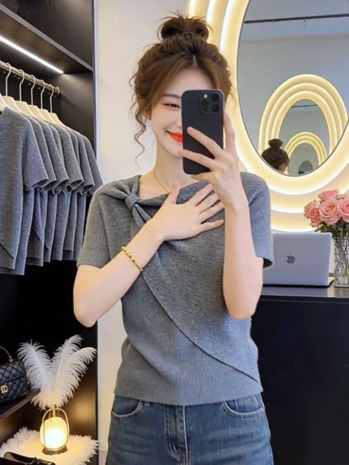 Áo thun dệt kim tay ngắn dáng rộng sang trọng thời trang mùa hè dành cho nữ