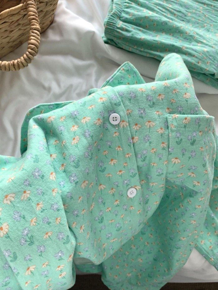 Retro Hoa Tươi Ngắn Tay Quần Short Bộ Đồ Ngủ Nữ Thích Hợp Ở Nhà Quần Áo Cotton Thoải Mái Bộ H