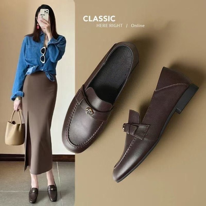 Giày bệt Camellia dành cho nữ đi làm mùa xuân, giày lười đơn giản, nhẹ và đa năng, giày da nhỏ