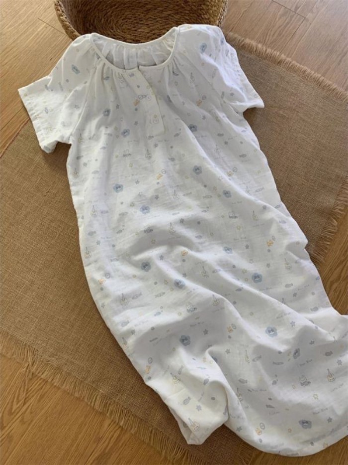 Cloud cotton gạc bộ đồ ngủ bong bóng cá nhỏ dễ thương dành cho nữ mùa hè mỏng tay ngắn dài vừ
