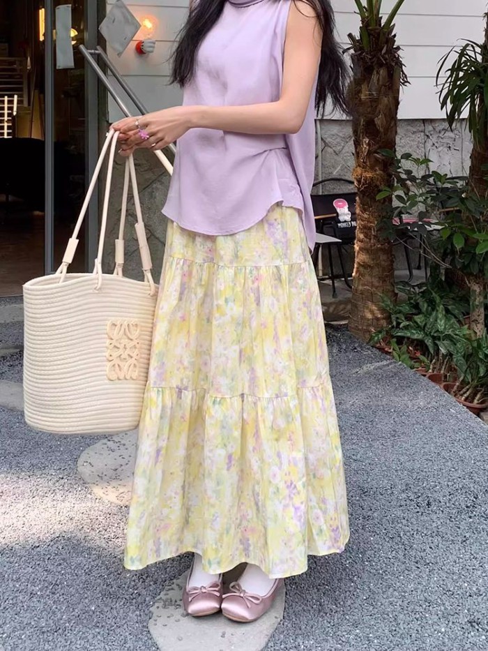 Váy chữ A in hoa giảm béo lưng cao kiểu Hàn Quốc váy nửa váy dài dành cho nữ