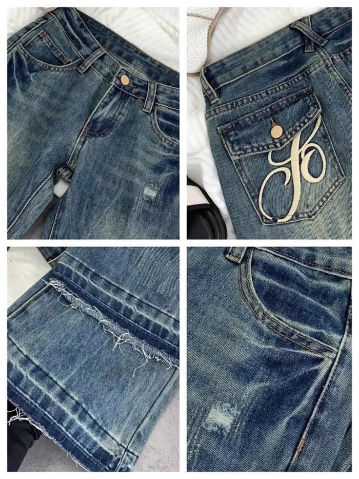 Quần jeans ống loe thêu cạp cao