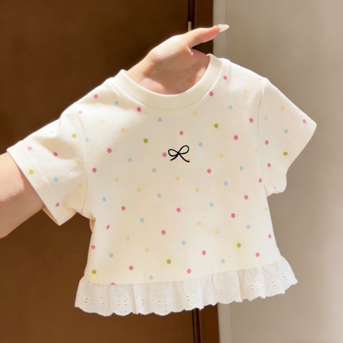 Áo thun ngắn tay cổ tròn cotton nguyên chất cho bé gái mới hàng đầu mỏng mùa hè dễ thương và đa