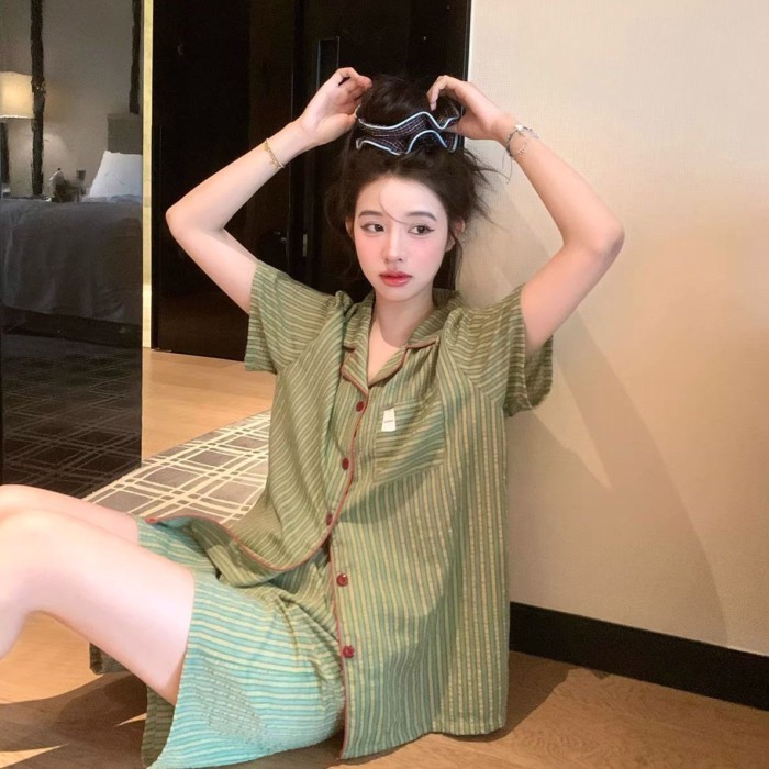 Contrast Color Striped Pajamas For Women Summer New Thin Comfortable Casual Short-sleeved Sho
