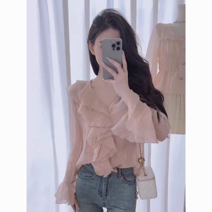 Áo sơ mi nhún bèo hồng nhẹ nhàng độc đáo tay dài Áo sơ mi voan ngọt ngào kiểu Pháp mặc bên ng