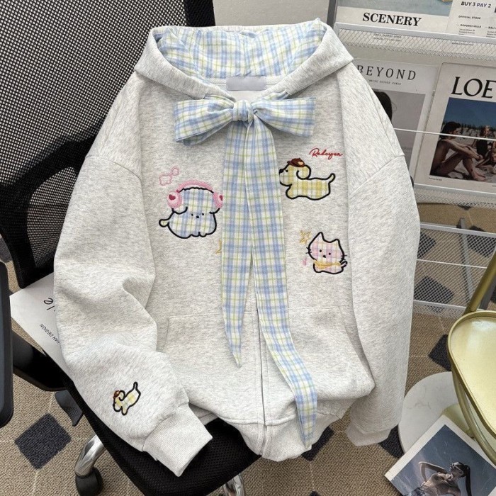Pure Desire Dễ Thương Kẻ Sọc Nơ In Hình Cún Con Có Mũ Áo Khoác Cardigan Nữ