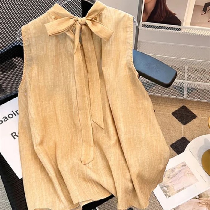 Áo sơ mi không tay có cổ đứng màu nhuộm thắt nơ phong cách Hàn Quốc dành cho nữ mùa hè Áo ghi lê