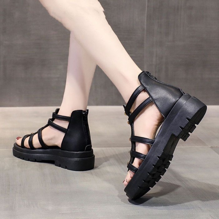 Mùa hè Hàn Quốc mới giày cao gót đế dày đế bánh sandal hở mũi kiểu La Mã thời trang dành cho nữ