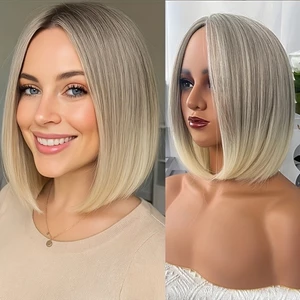 Nhà sản xuất Thời Trang Tóc Giả Giữa Khe Bob Đầu Xám Gradient Vàng Sang Trọng Ngắn Thẳng Tóc Full Mũ Daigou
