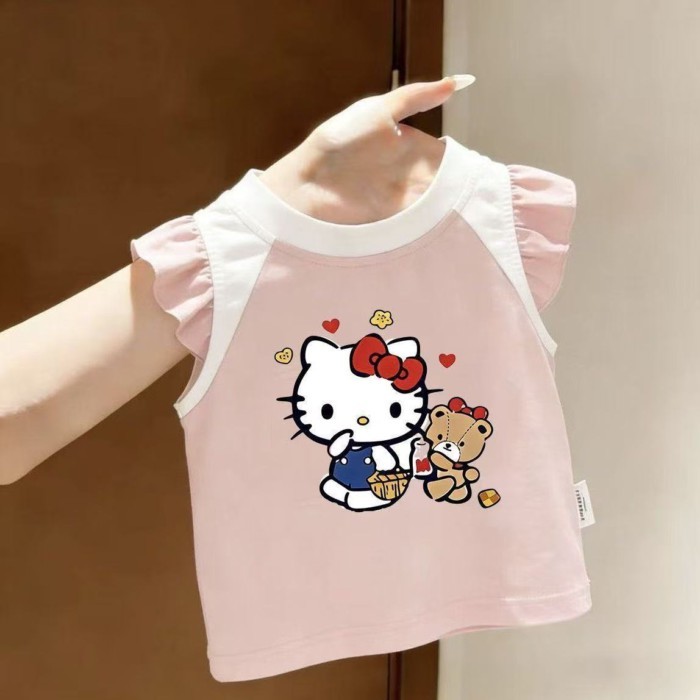 Summer New Style Girls Pure Cotton Cartoon Style T-shirt Children's Cute Sleeveless Printed V