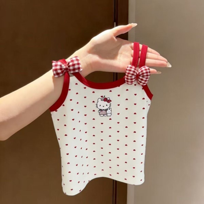 Girls Pure Cotton Fashionable Polka Dot Cartoon Print Camisole Cute Three-dimensional Bow Sleeveles