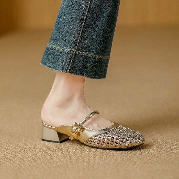đôi sandal cao gót nhỏ mũi vuông của Pháp để mặc bên ngoài có quai một mảnh, dép mũi rỗng thích