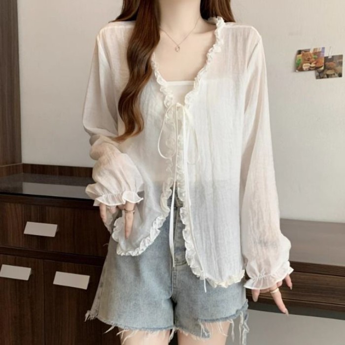 Áo cardigan dài tay chống nắng mỏng viền nấmdành cho nữ kèm khăn choàng áo mỏng
